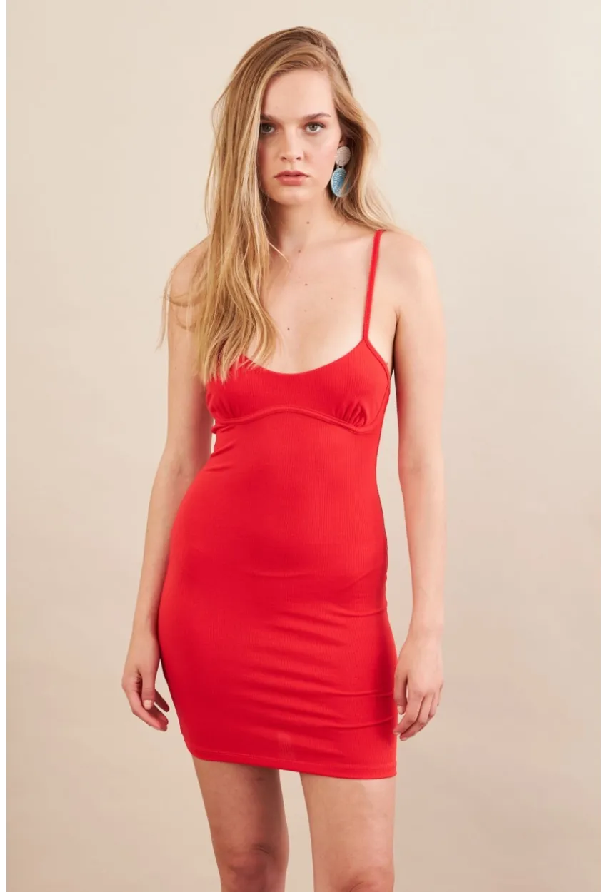 Kadın Kırmızı Askılı Mini Elbise SAN105