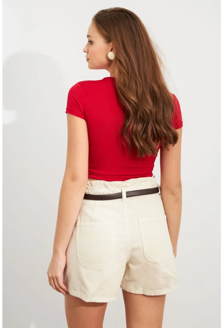 Kadın Kırmızı Basic Kısa Kollu Bluz UG2444