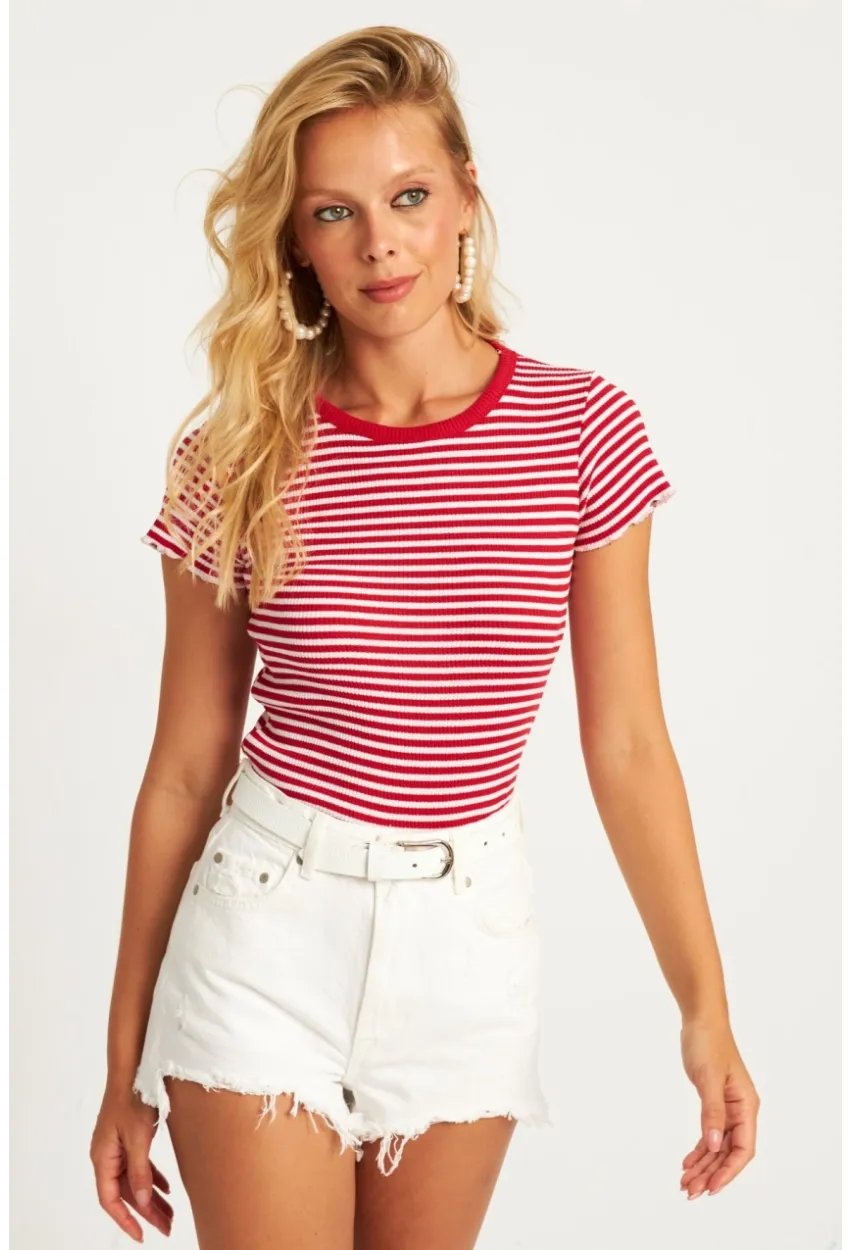 Kadın Kırmızı-Beyaz Çizgili Bluz XL2005
