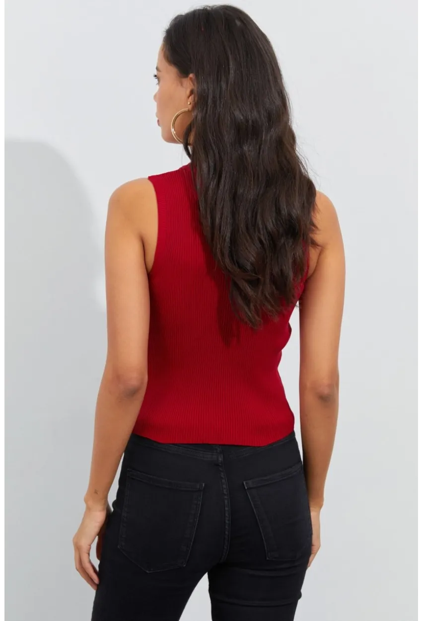 Kadın Kırmızı Bisiklet Yaka Triko Bluz YV91