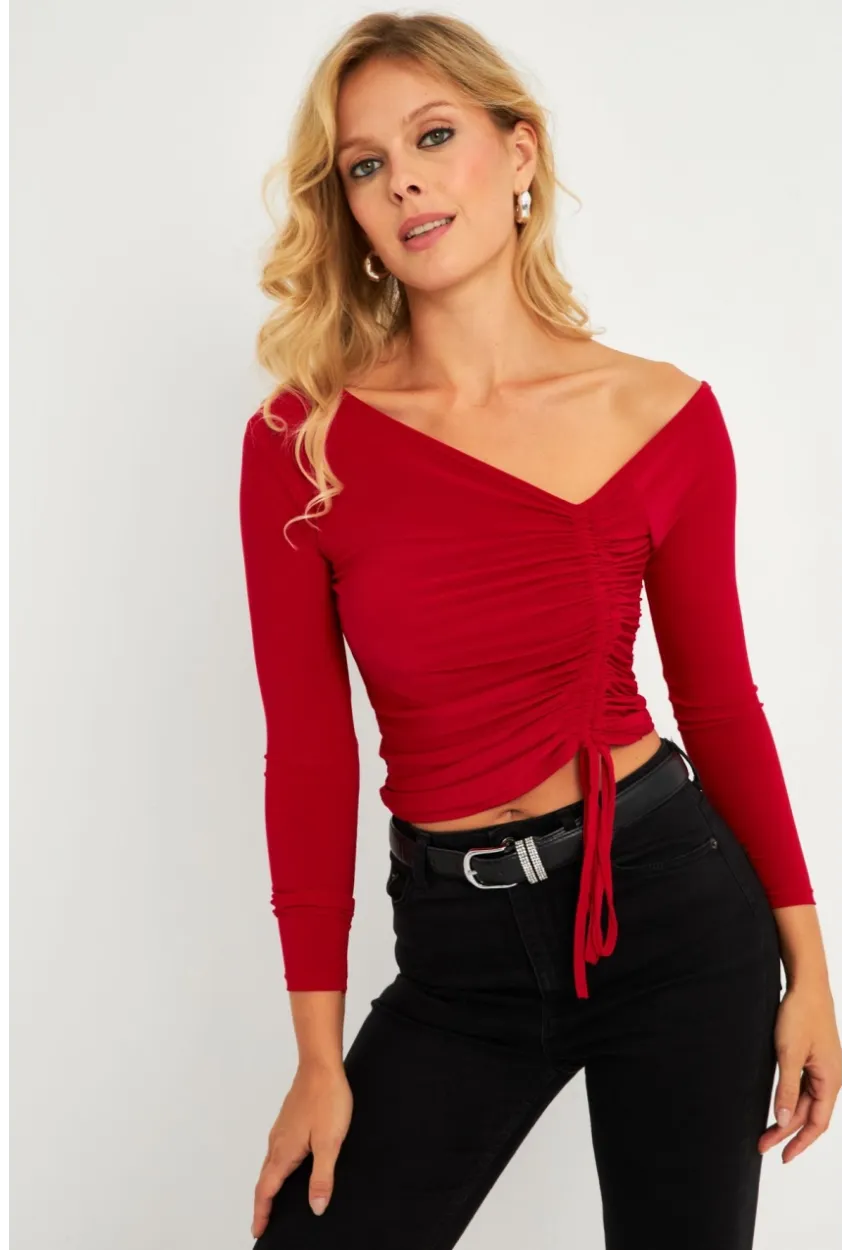Kadın Kırmızı Büzgülü Bluz GÇ188