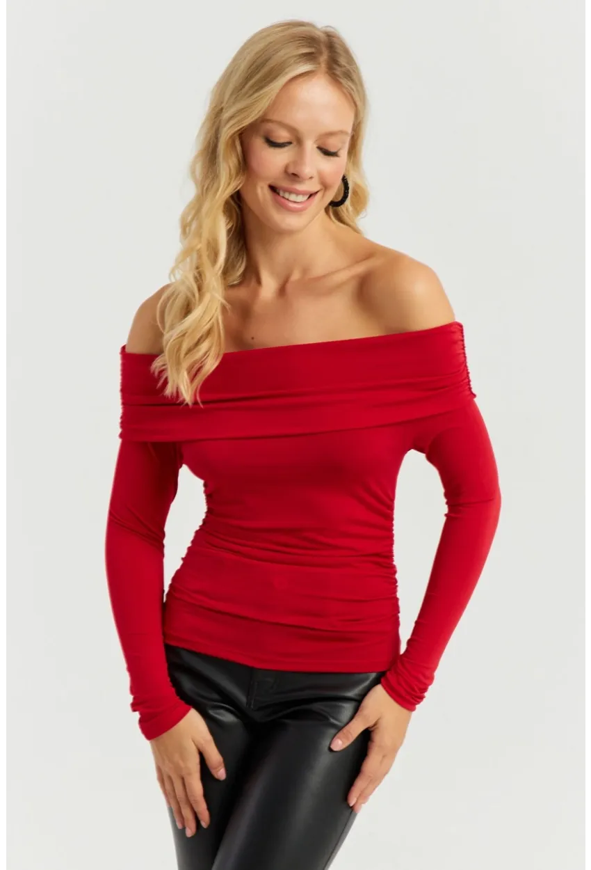 Kadın Kırmızı Büzgülü Madonna Bluz MON1119