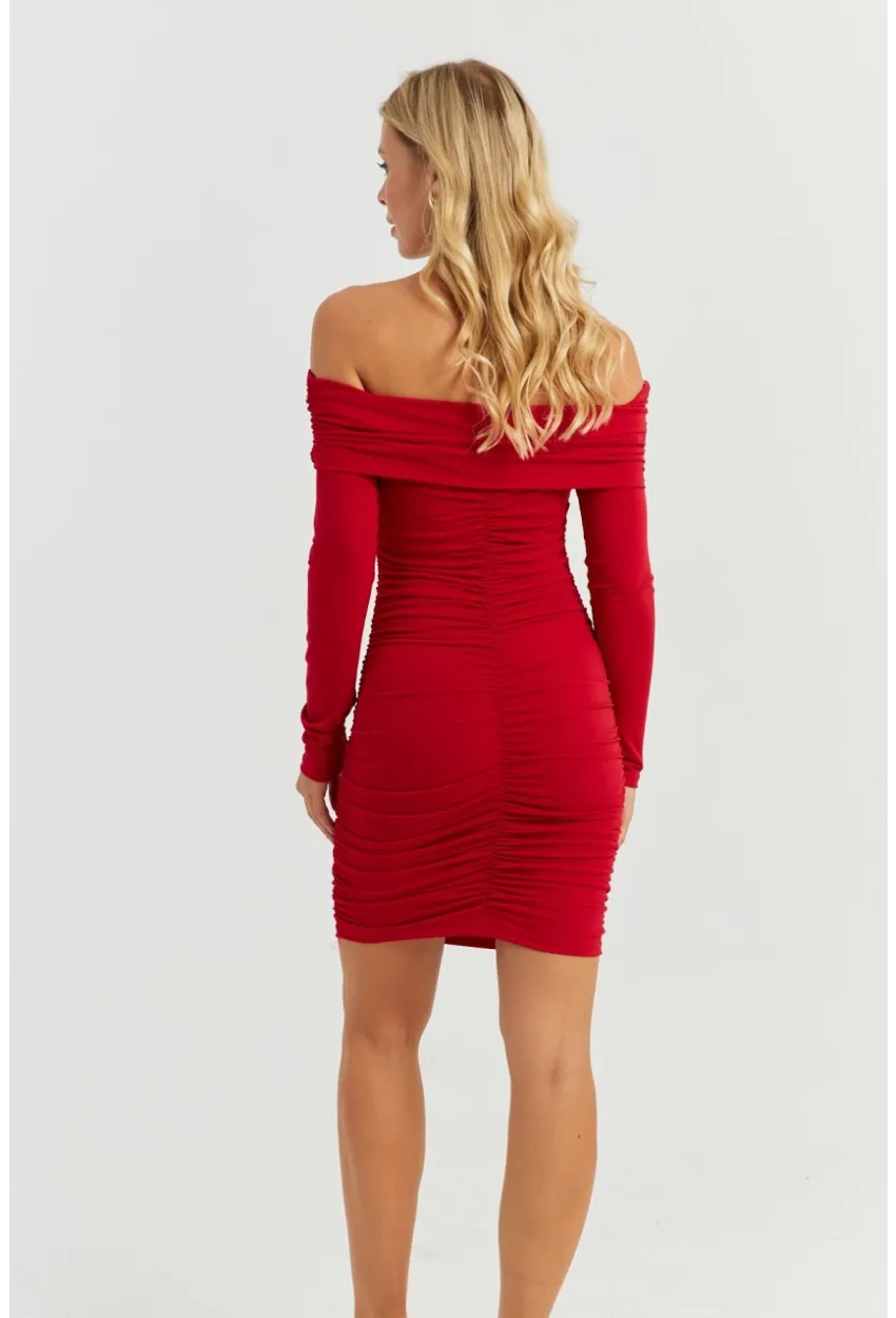 Kadın Kırmızı Büzgülü Madonna Mini Elbise MON1118