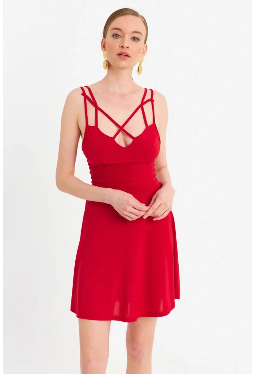Kadın Kırmızı Çapraz Askılı Mini Elbise ELT182
