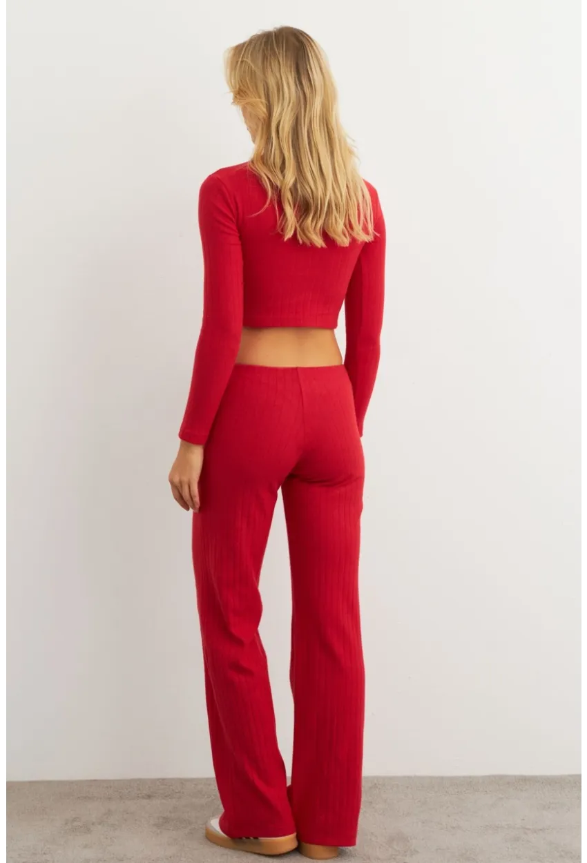 Kadın Kırmızı Crop Üstlü İkili Pantolon Takım XL10052