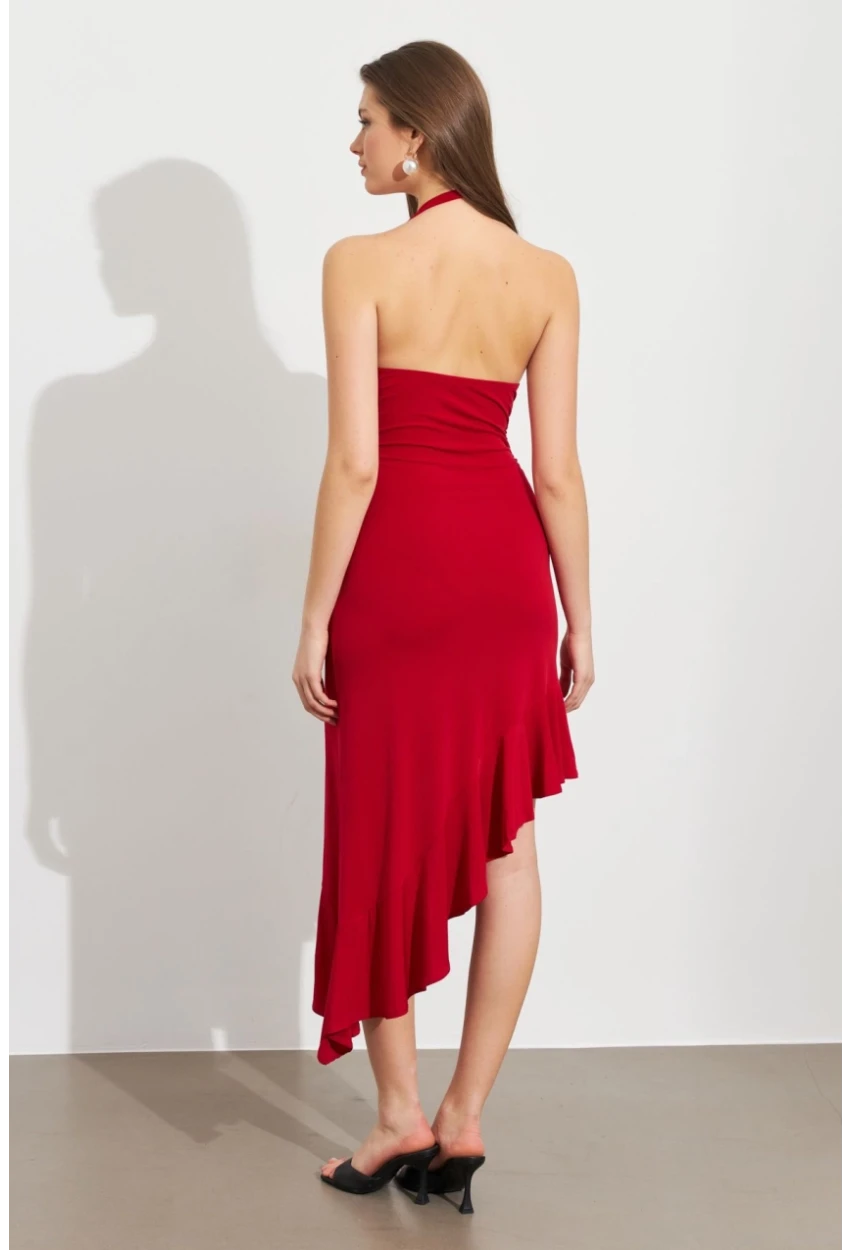 Kadın Kırmızı Degaje Asimetrik Midi Elbise İRE1436