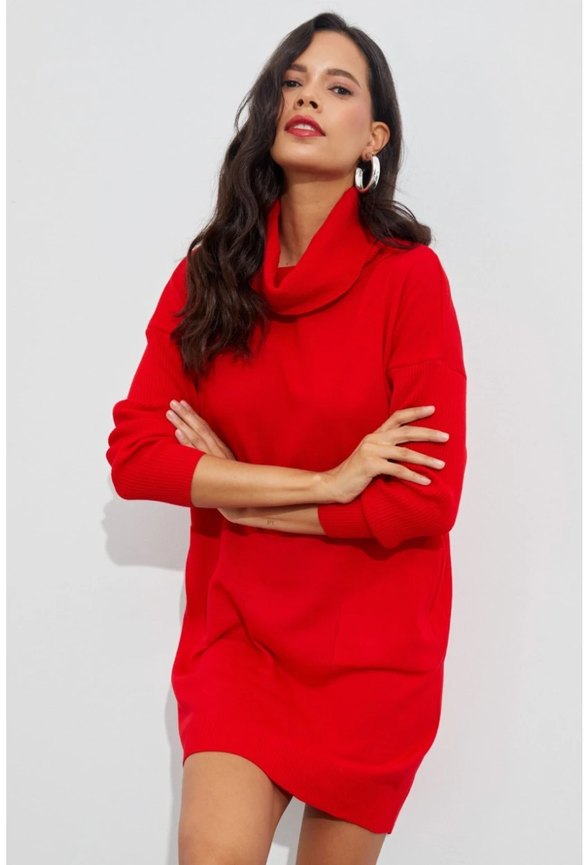 Kadın Kırmızı Degaje Yaka Triko Mini Elbise YV73