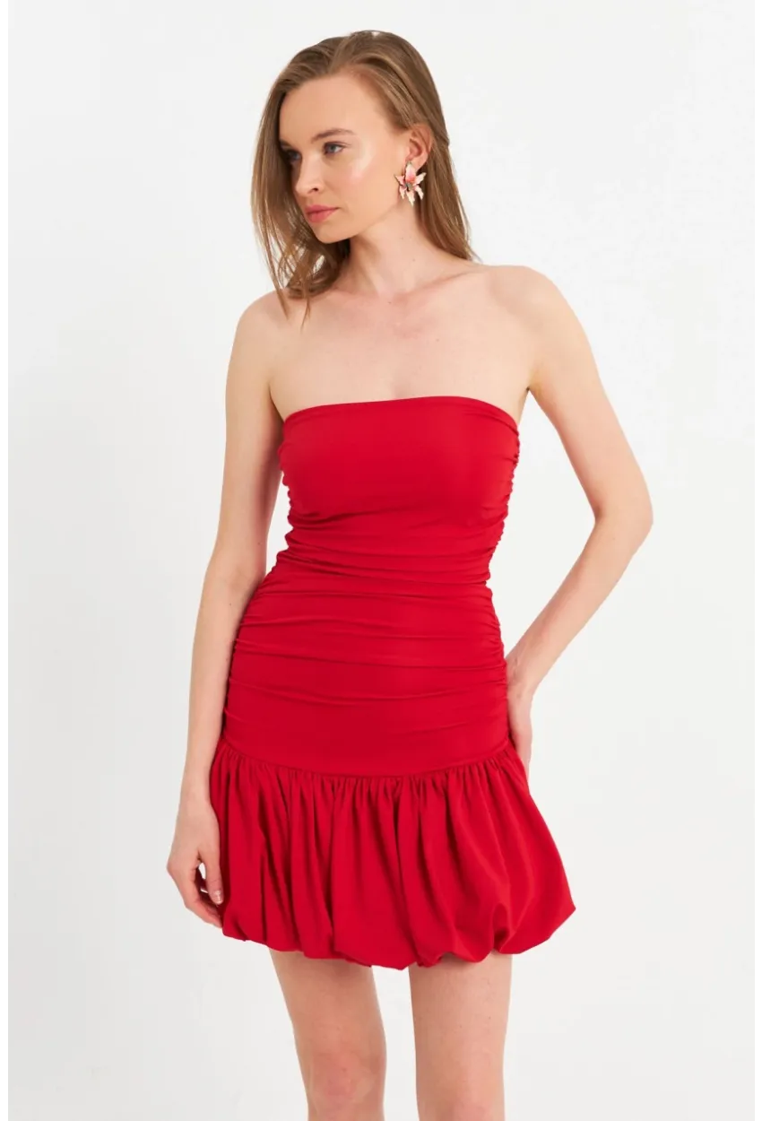 Kadın Kırmızı Drapeli Mini Elbise B6033