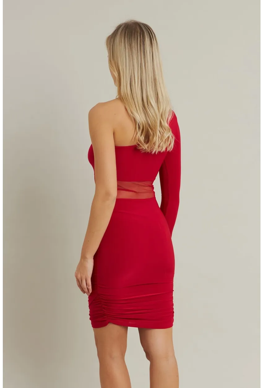 Kadın Kırmızı Drapeli Tül Detaylı Mini Elbise ELT3850