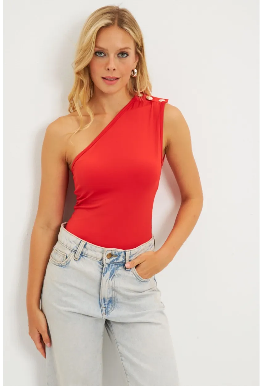 Kadın Kırmızı Düğme Detaylı Bluz EY2790
