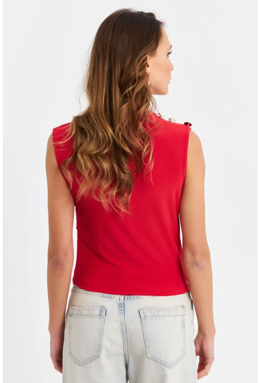 Kadın Kırmızı Düğme Detaylı Büzgülü Bluz LPP1205-1