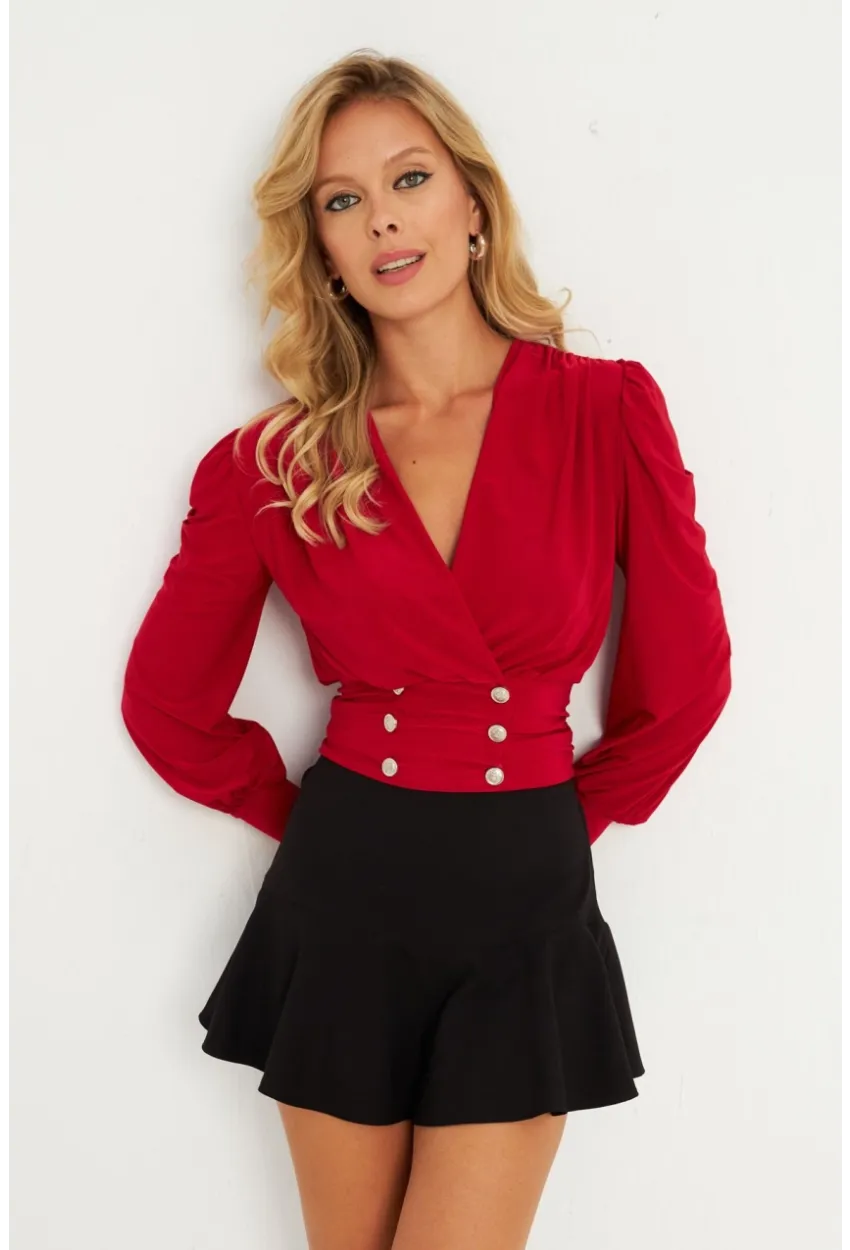 Kadın Kırmızı Düğme Detaylı Kruvaze Bluz ELT3188