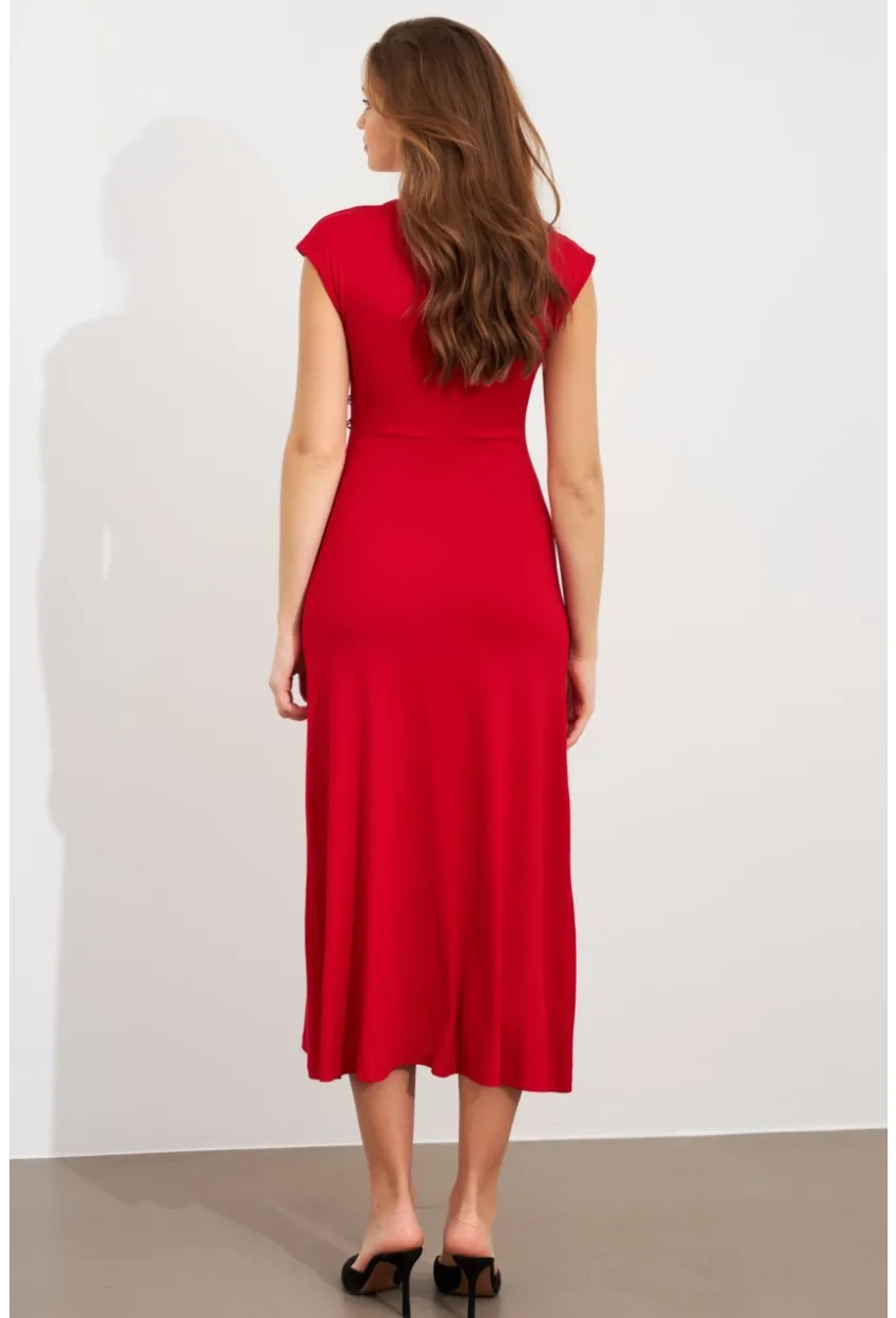 Kadın Kırmızı Düğme Detaylı Kruvaze Midi Elbise EY0011