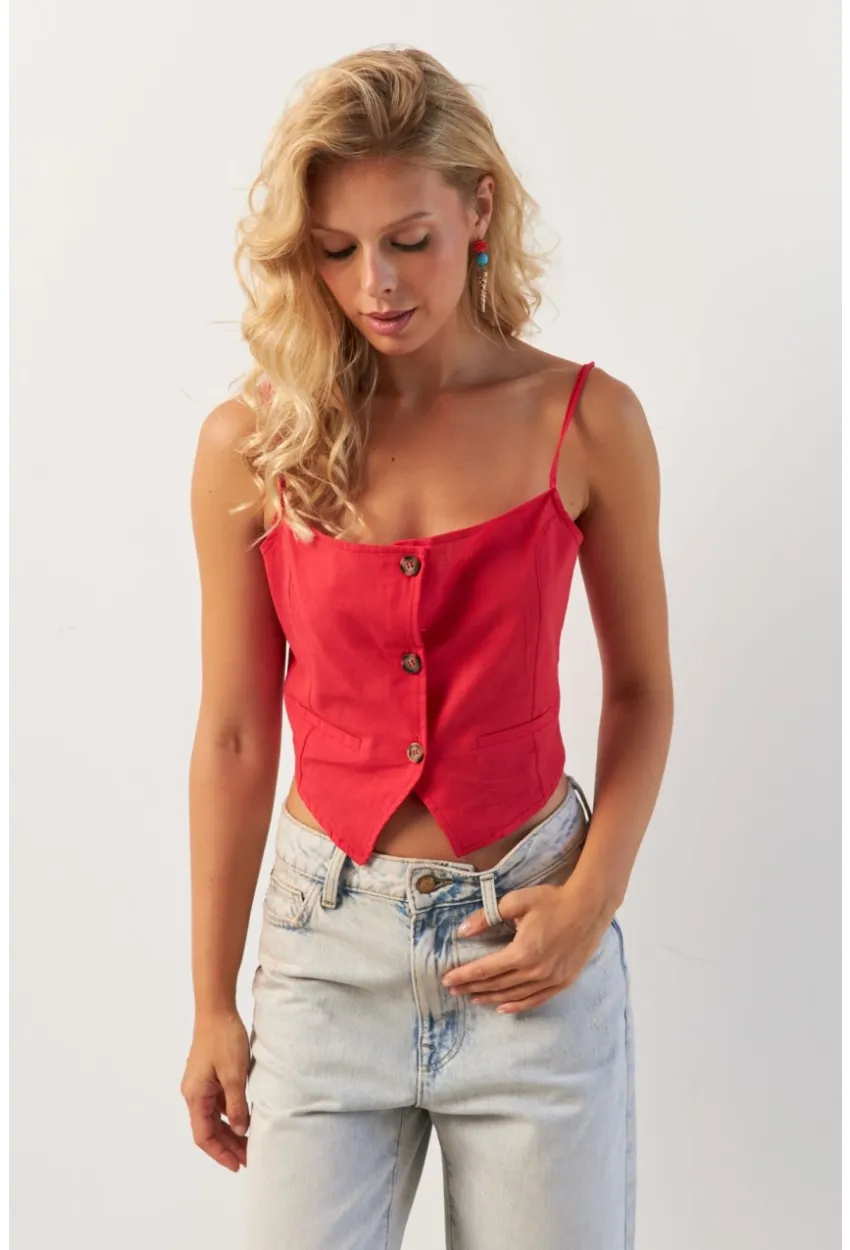 Kadın Kırmızı Düğmeli İp Askılı Yelek MP20153