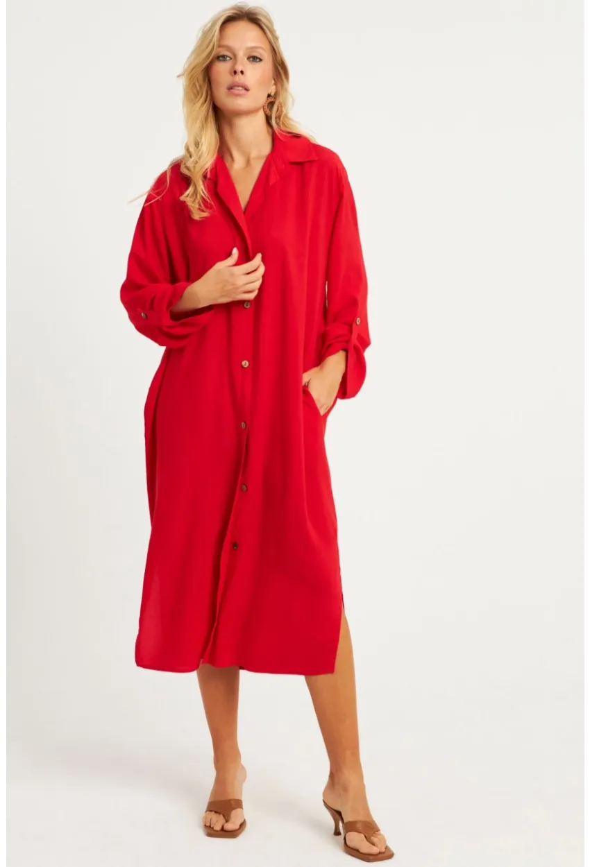 Kadın Kırmızı Gömlek Elbise LV178