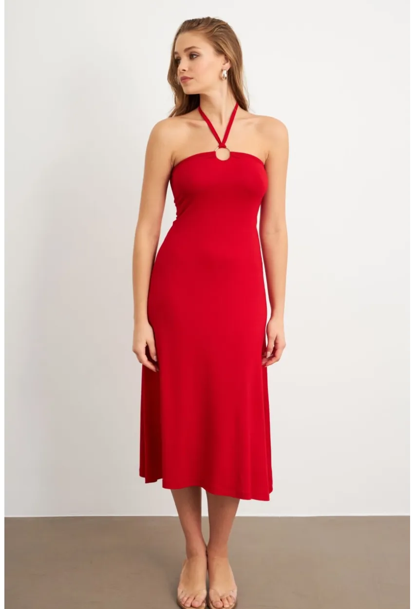 Kadın Kırmızı Halka Detaylı Midi Elbise EY3089