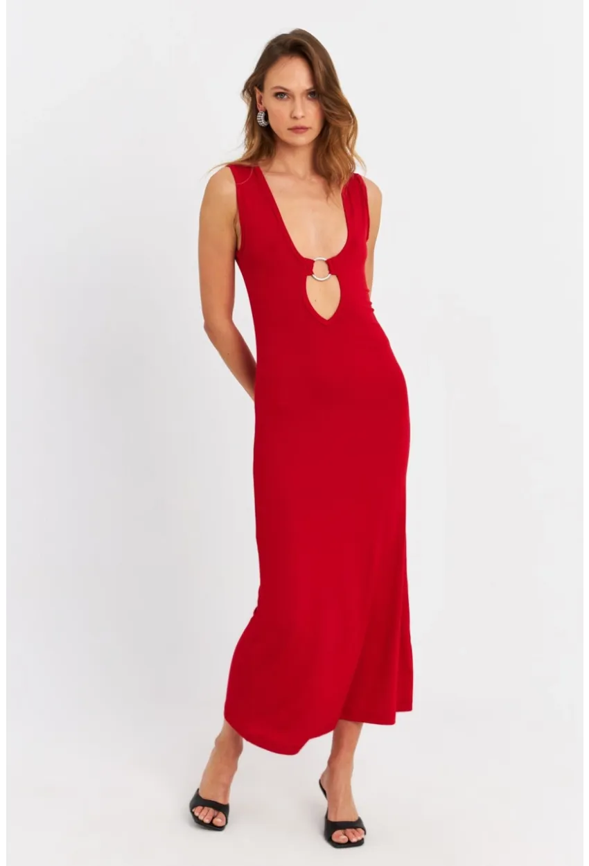 Kadın Kırmızı Halka Detaylı Pencereli Midi Elbise EY3078