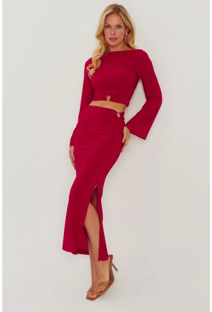 Kadın Kırmızı Halka Detaylı Sırtı Açık Etek Takım HO051