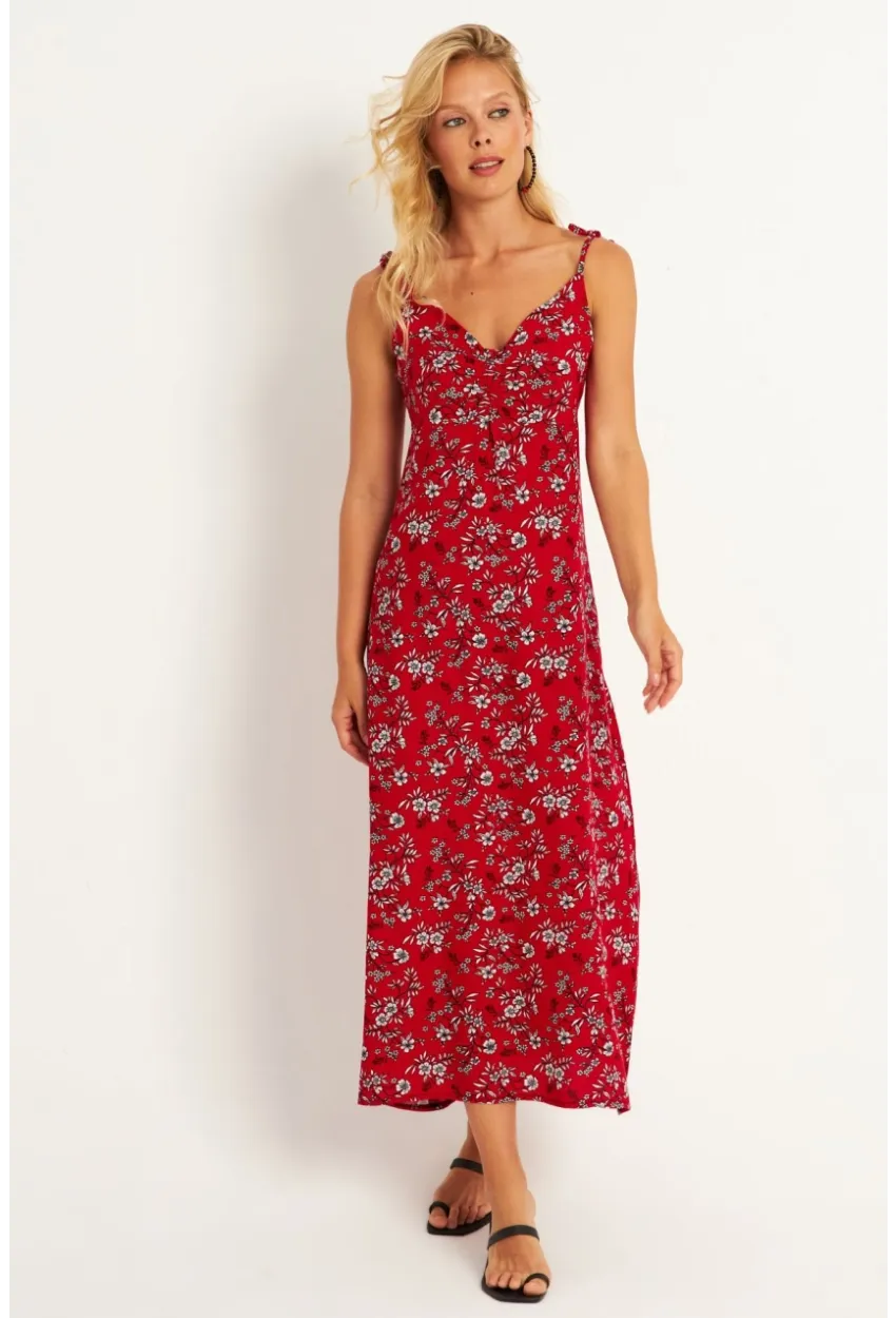 Kadın Kırmızı İp Askılı Çiçekli Midi Elbise GÇ172