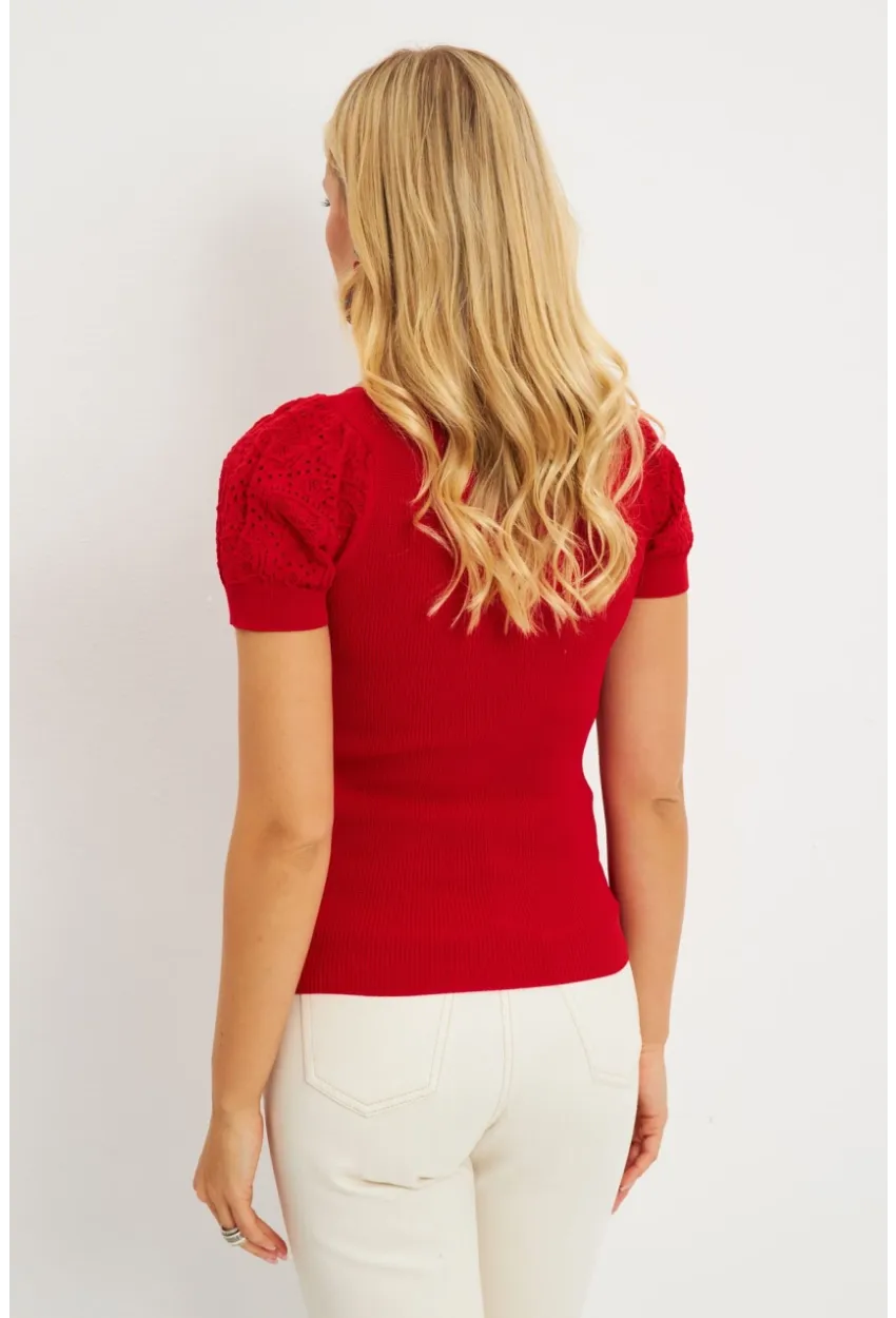 Kadın Kırmızı Kalp Taka Triko Bluz SMT228