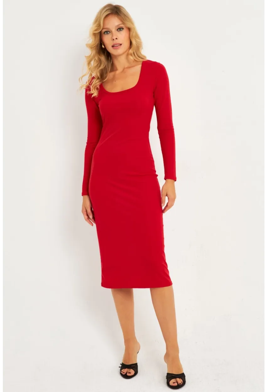 Kadın Kırmızı Kare Yaka Midi Elbise CG382