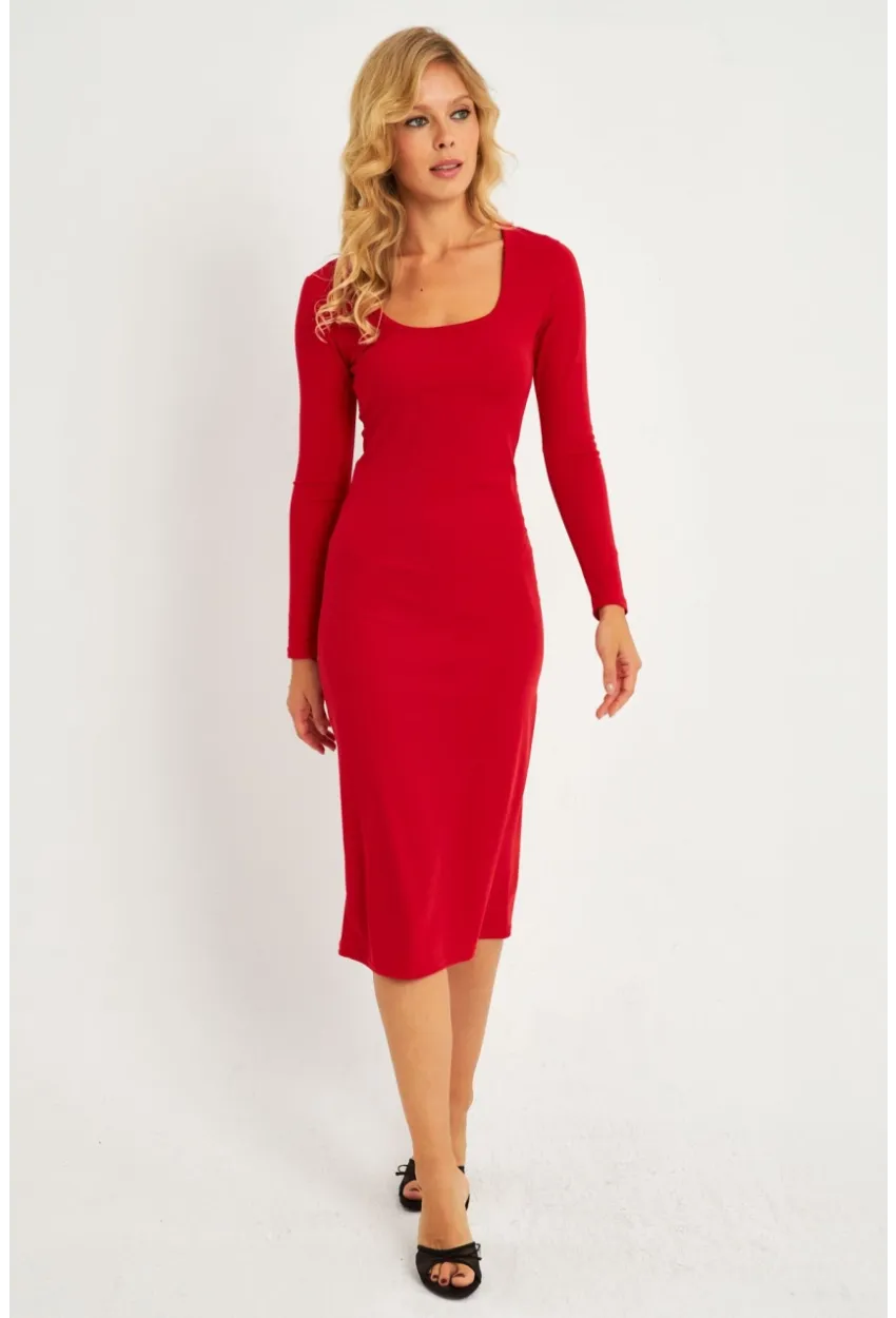 Kadın Kırmızı Kare Yaka Midi Elbise CG382