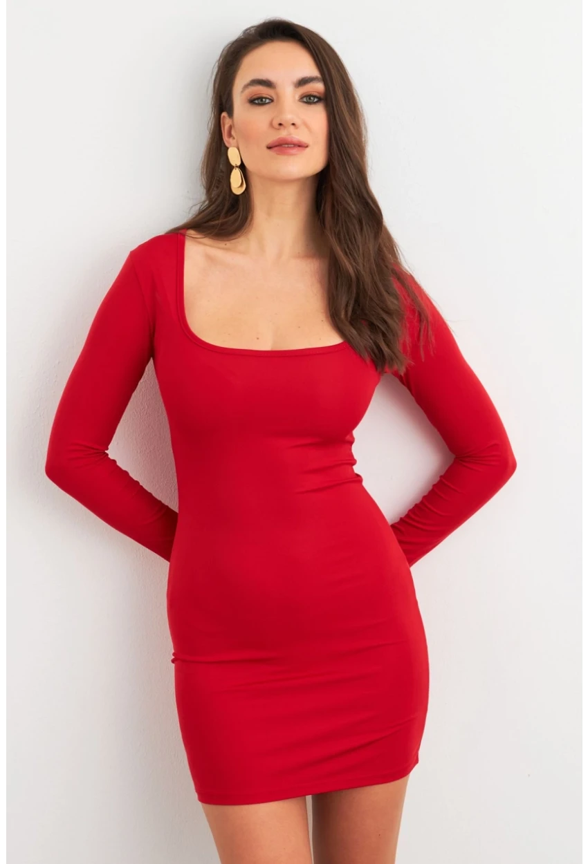 Kadın Kırmızı Kare Yaka Mini Elbise XC8100