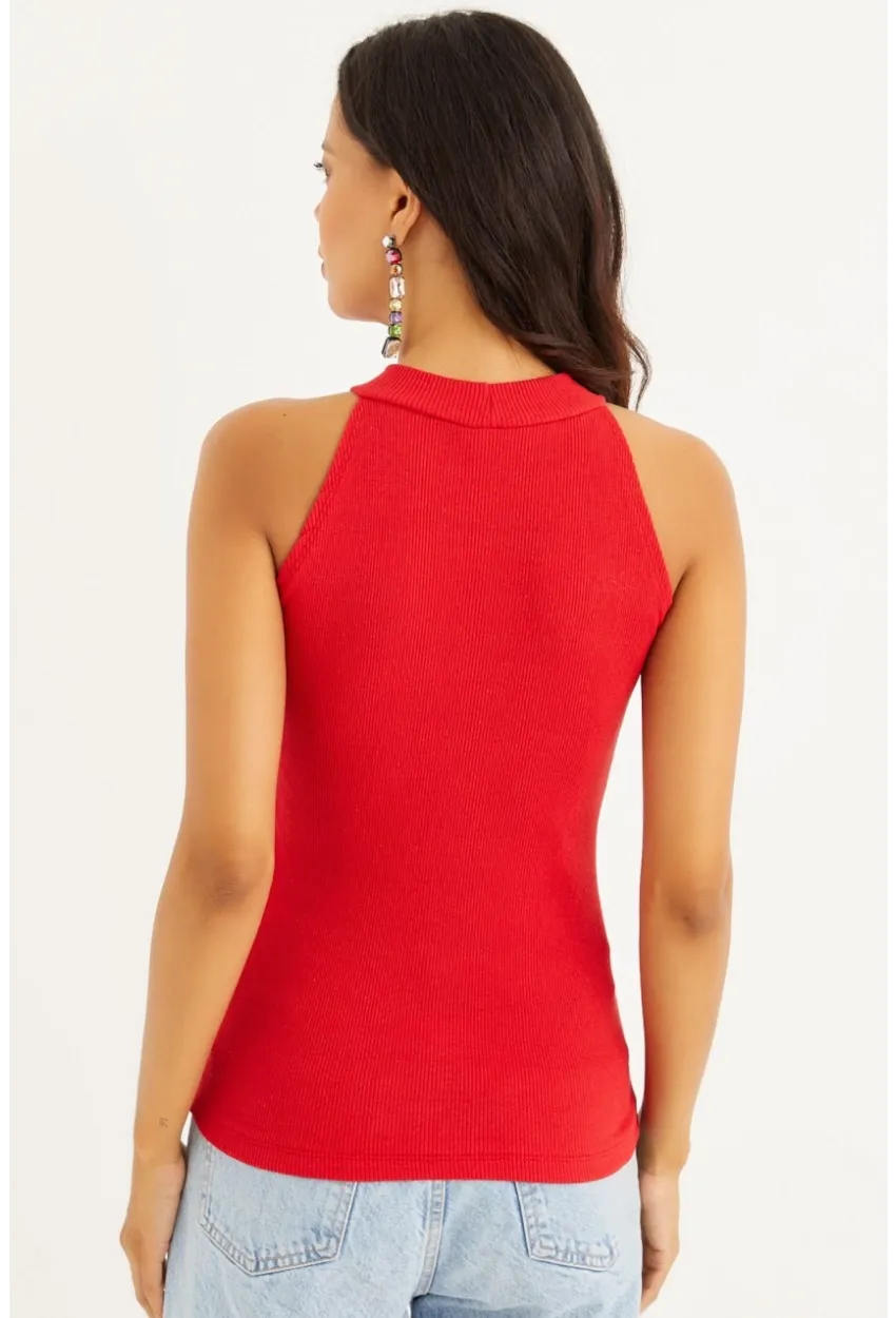 Kadın Kırmızı Kaşkorse Kolsuz Bluz Yİ1566