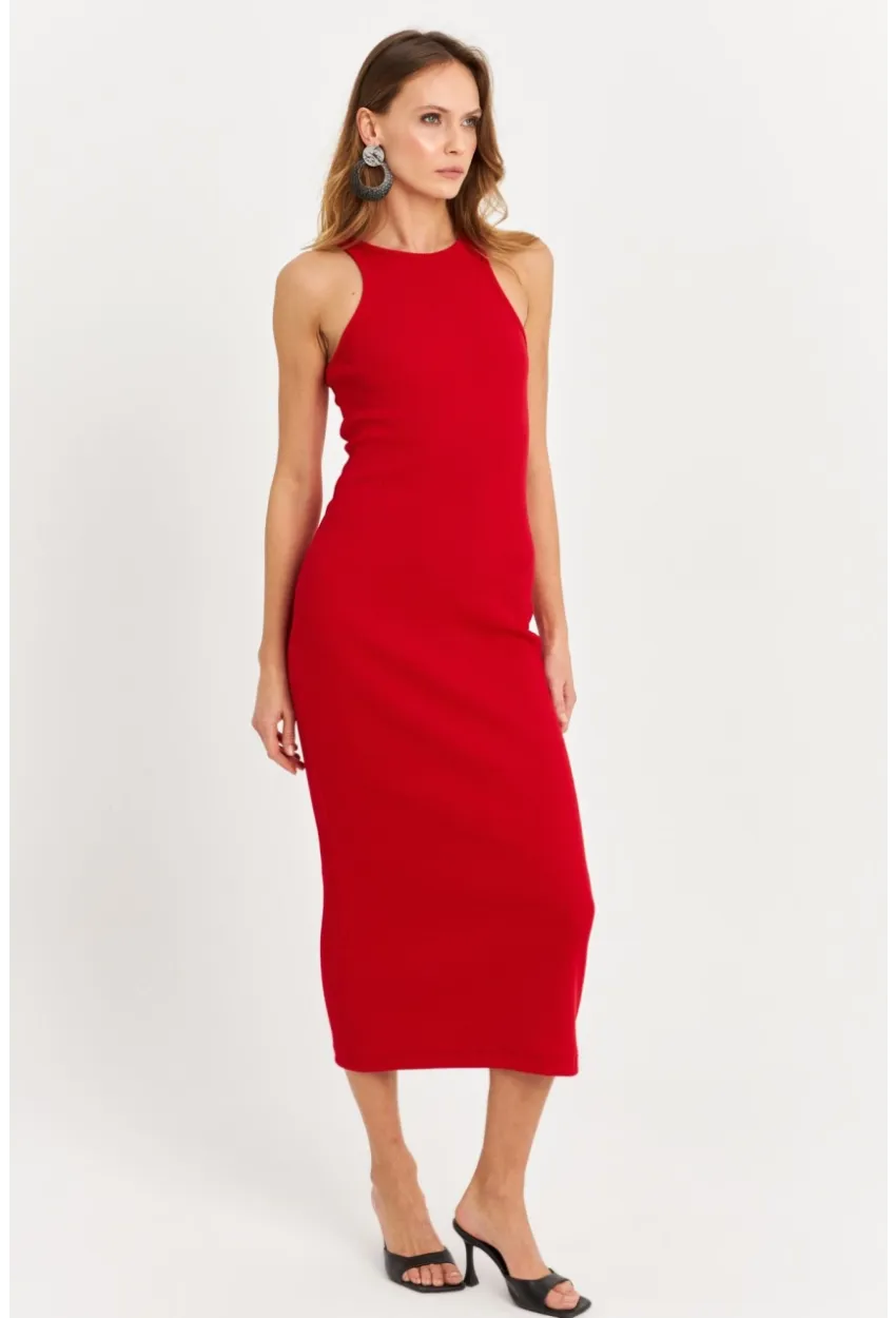 Kadın Kırmızı Kolsuz Kaşkorse Midi Elbise EY3049
