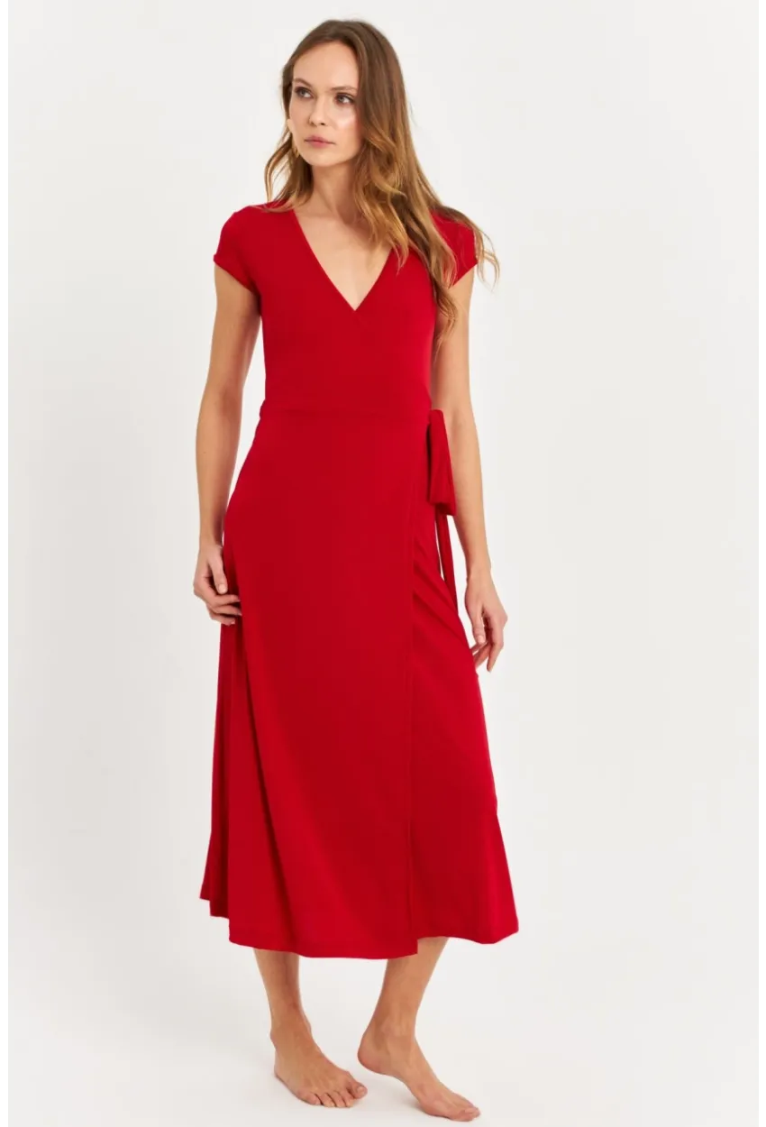 Kadın Kırmızı Kruvaze Midi Elbise EY2785