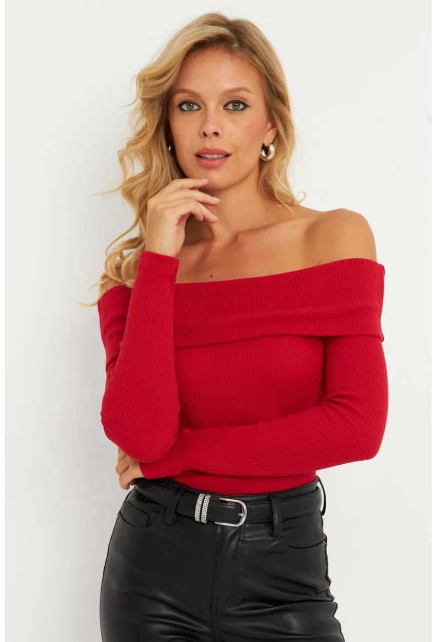 Kadın Kırmızı Madonna Yaka Kaşkorse Bluz XL2210