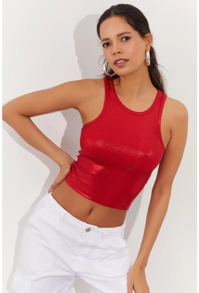 Kadın Kırmızı Metalik Crop Bluz LPP1218
