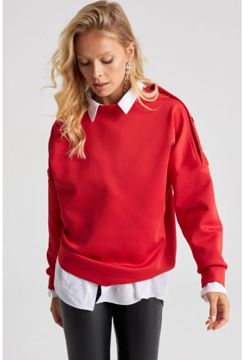 Kadın Kırmızı Omuz Taşlı Dalgıç Sweatshirt ST824