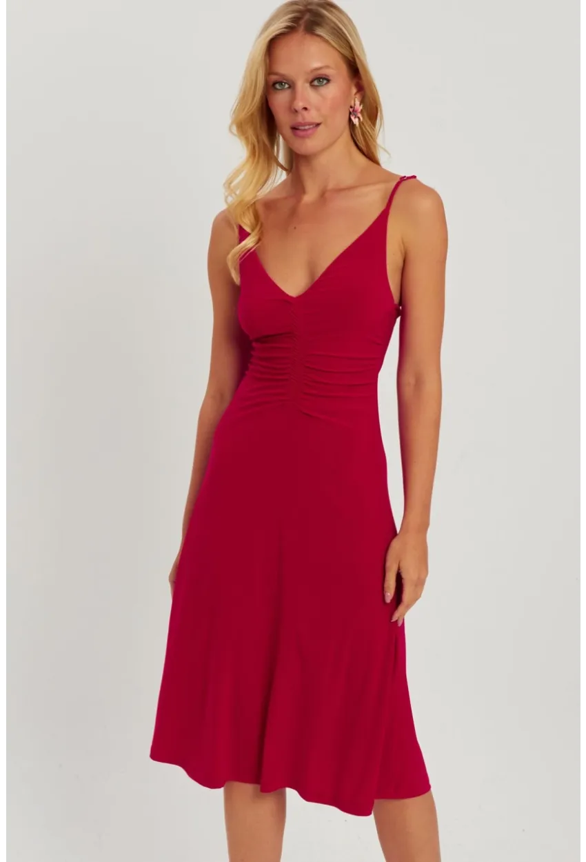 Kadın Kırmızı Önü Büzgülü Midi Elbise HO046