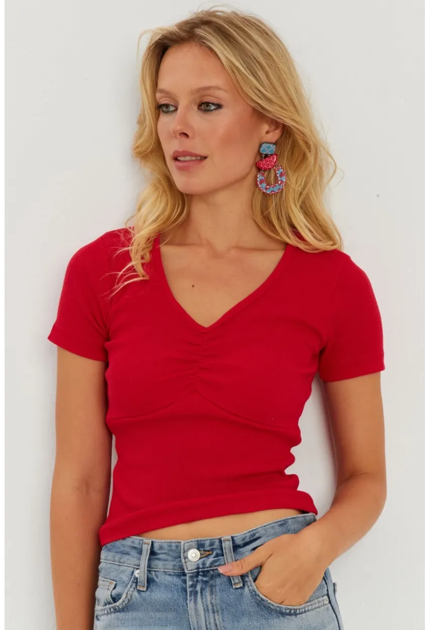 Kadın Kırmızı Önü Büzgülü V Yaka Bluz AYD309