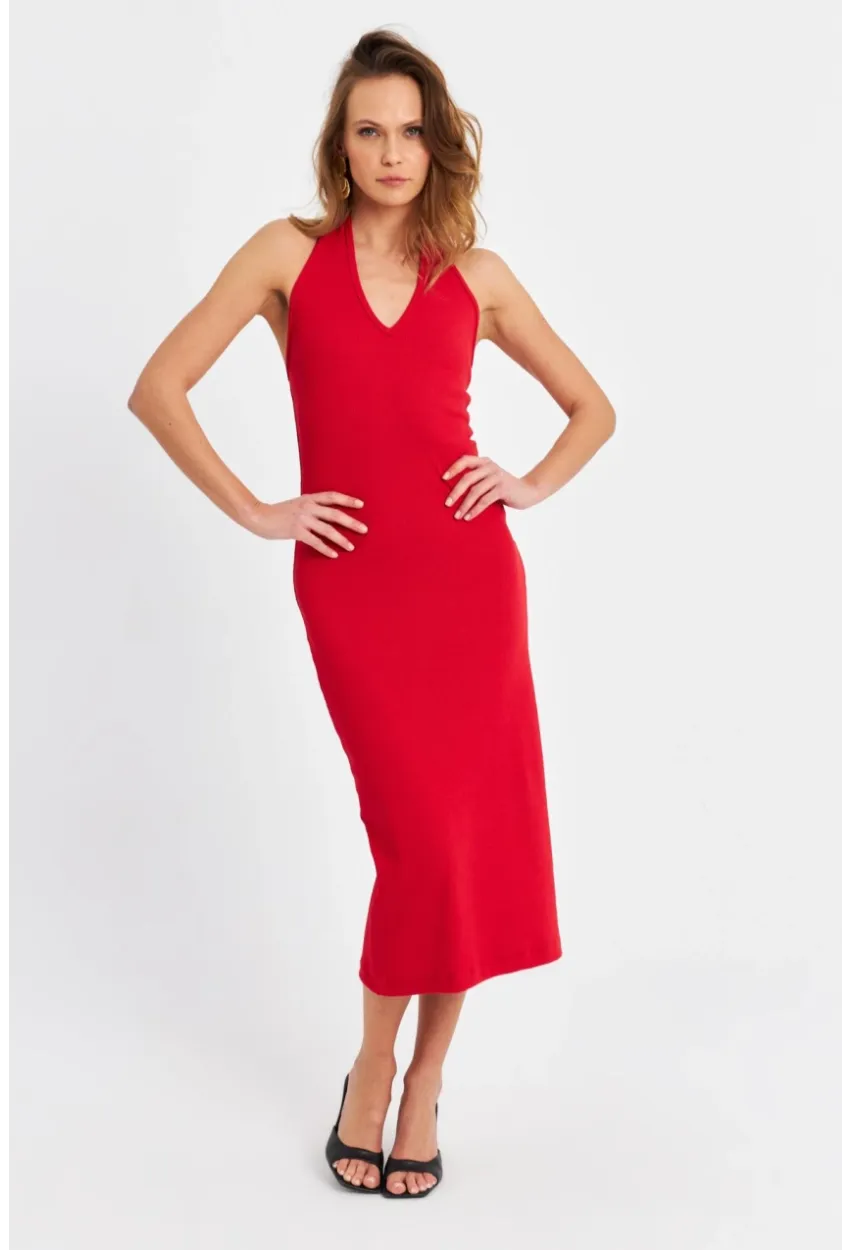 Kadın Kırmızı Pencereli Kaşkorse Midi Elbise EY3063