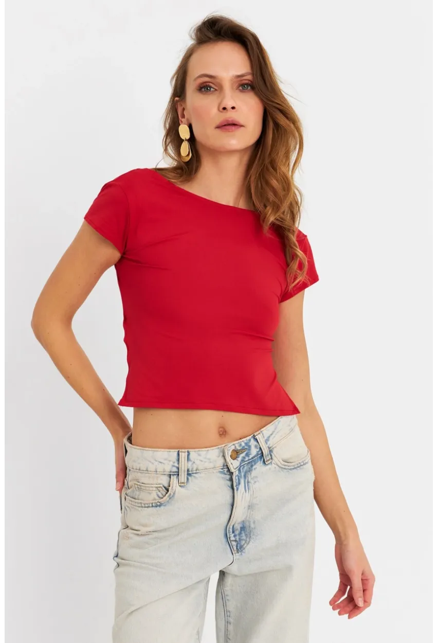 Kadın Kırmızı Sırtı Açık Crop Bluz ZH007