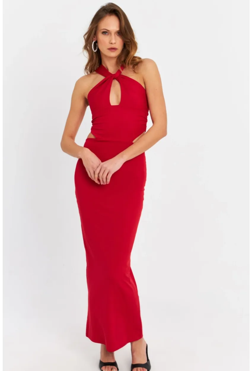 Kadın Kırmızı Sırtı Açık Pencereli Maxi Elbise DCF232