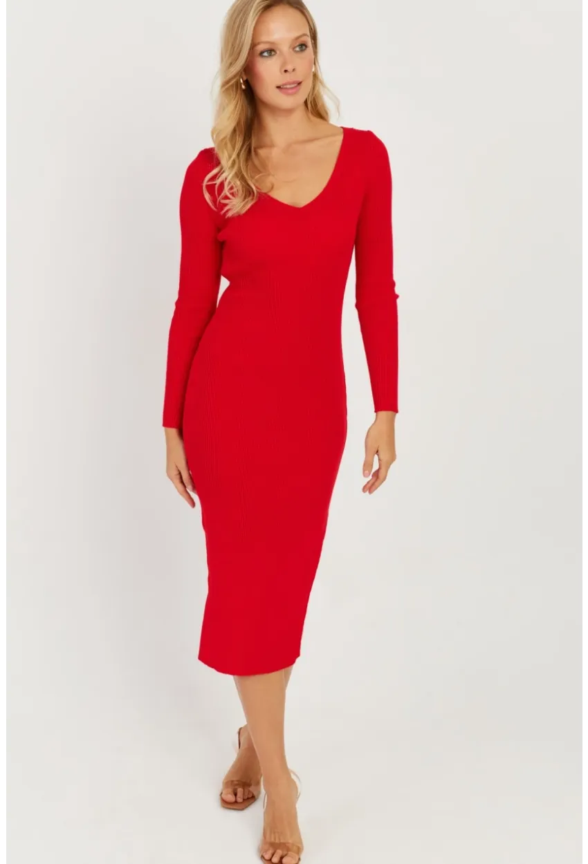 Kadın Kırmızı Sırtı Çapraz Triko Midi Elbise YZ407