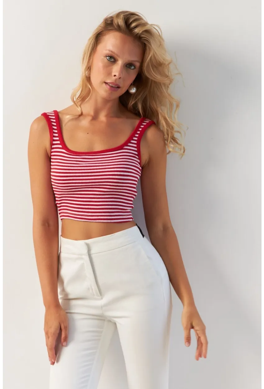 Kadın Kırmızı-Siyah İkili Kare Yaka Çizgili Bluz XL2040