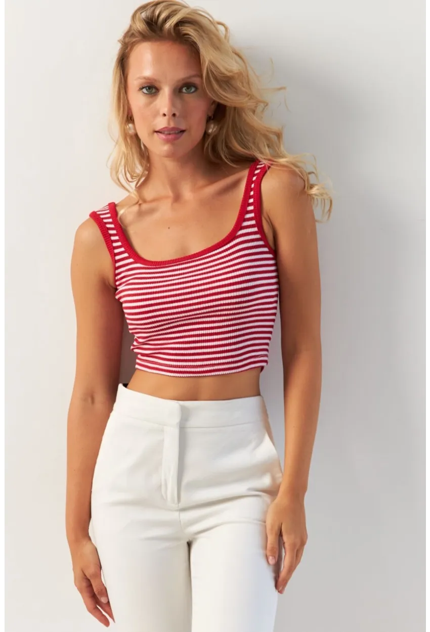 Kadın Kırmızı-Siyah İkili Kare Yaka Çizgili Bluz XL2040