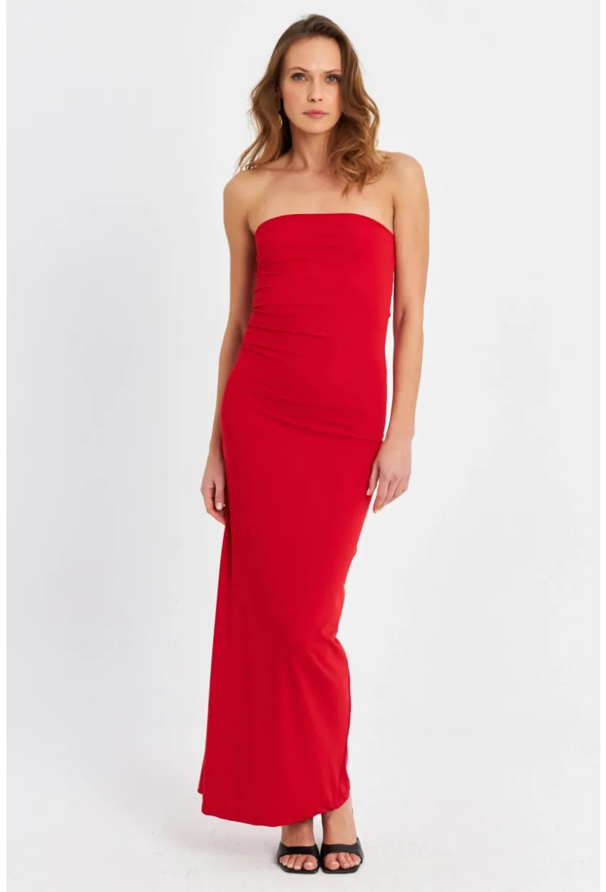 Kadın Kırmızı Straplez Yırtmaçlı Midi Elbise XC005