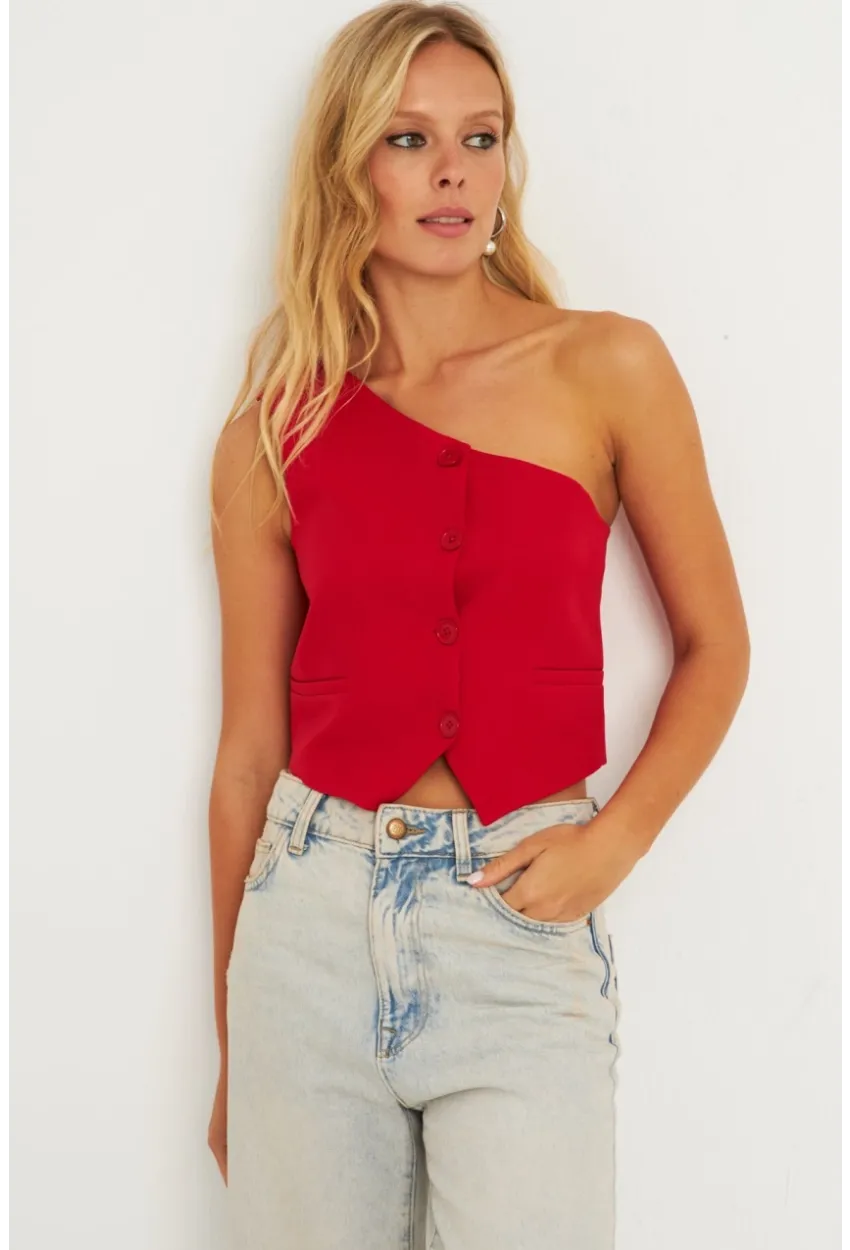 Kadın Kırmızı Tek Omuz Astarlı Yelek TW60140