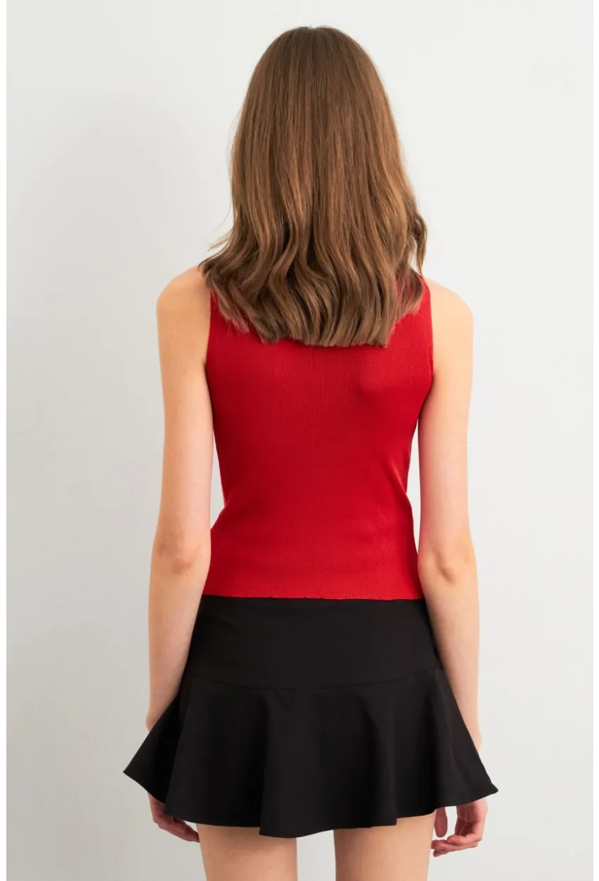 Kadın Kırmızı Triko Kolsuz Bluz YV305