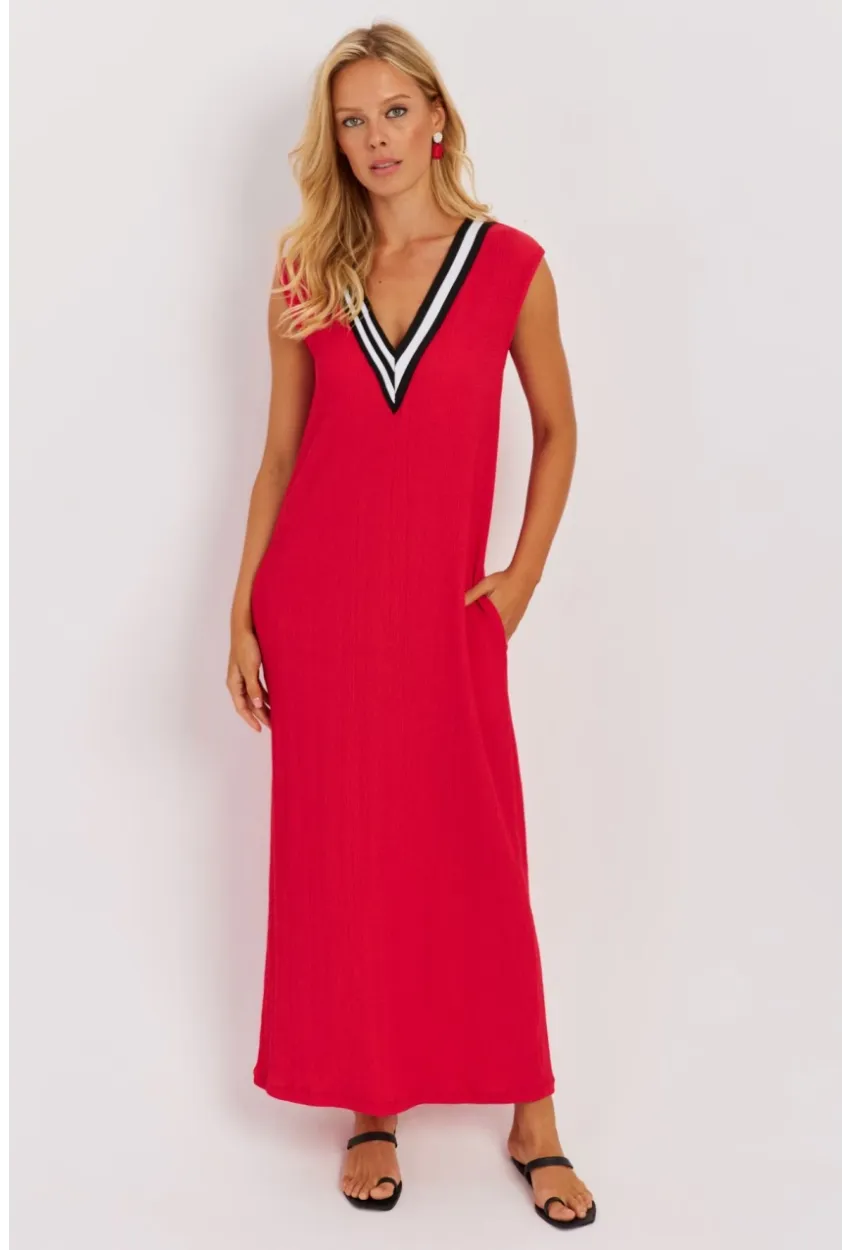 Kadın Kırmızı V Yaka Bloklu Maxi Elbise EY2779