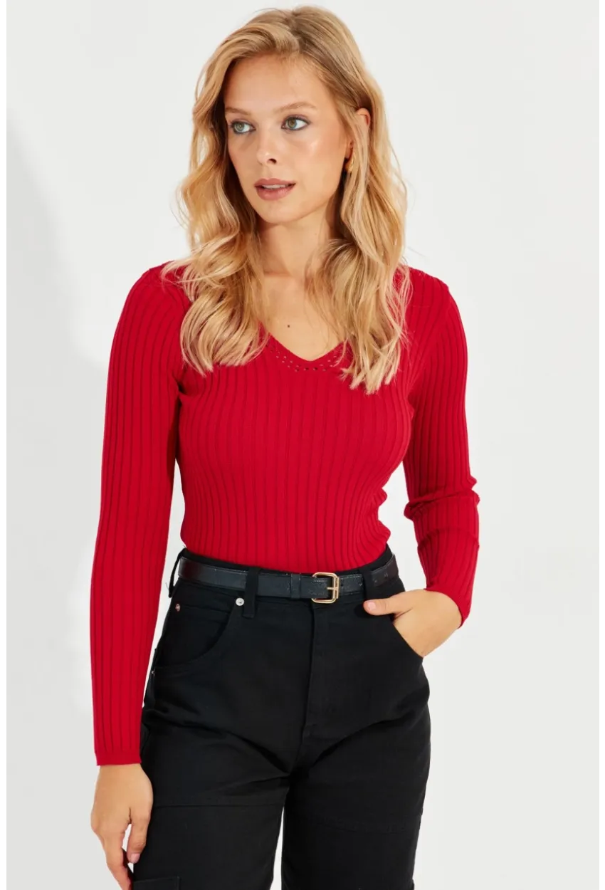 Kadın Kırmızı V Yaka Fitilli Triko Bluz SMT216