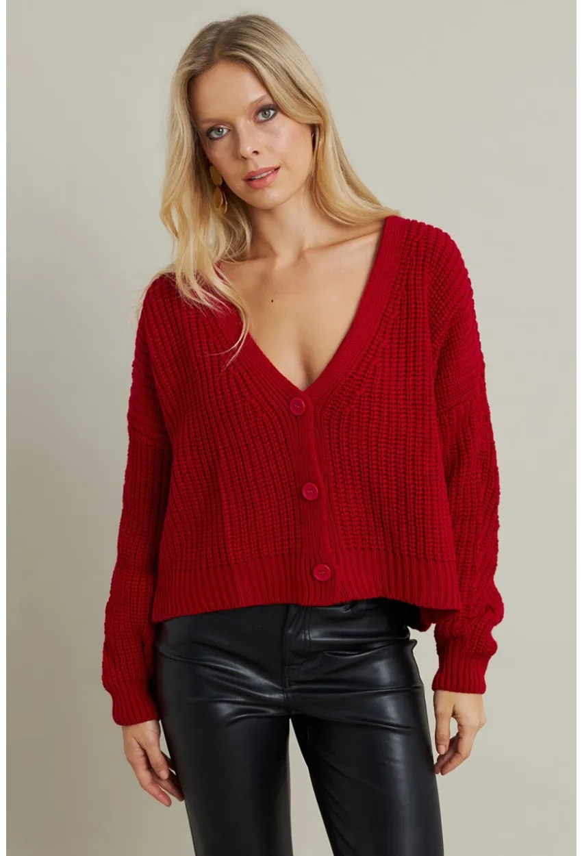 Kadın Kırmızı V Yaka Hırka KAZ35