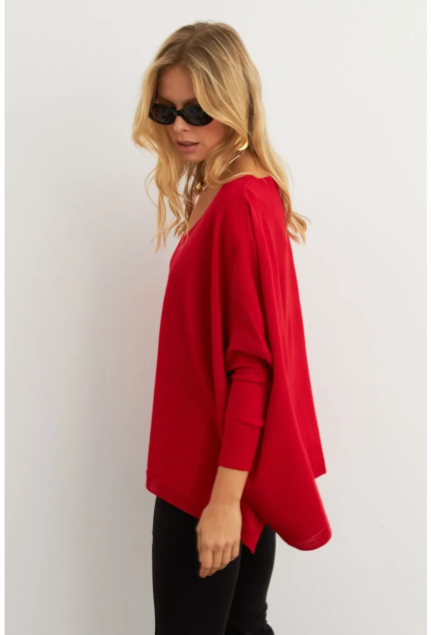 Kadın Kırmızı V Yaka Salaş Bluz YV304