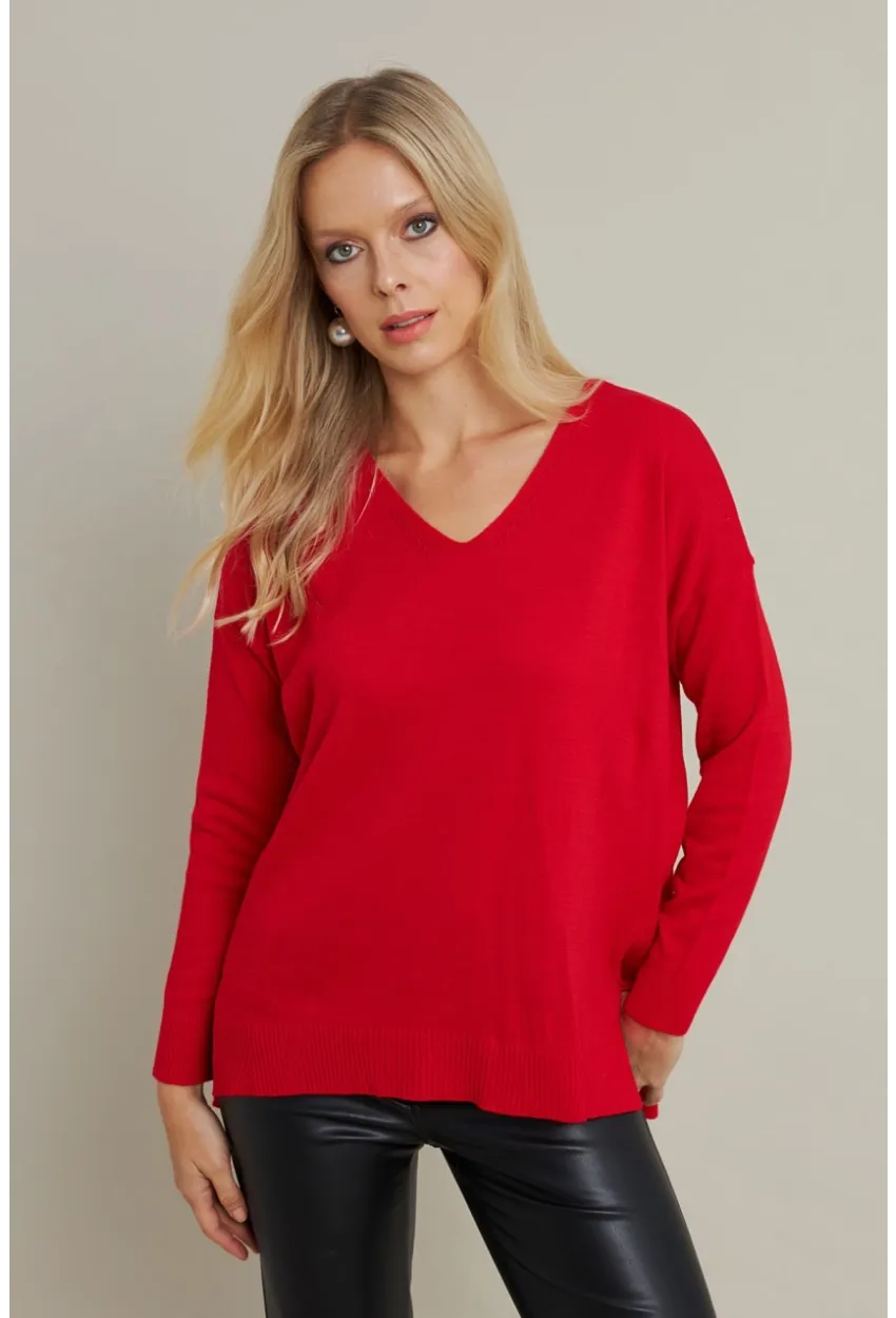 Kadın Kırmızı V Yaka Triko Kazak YİL549