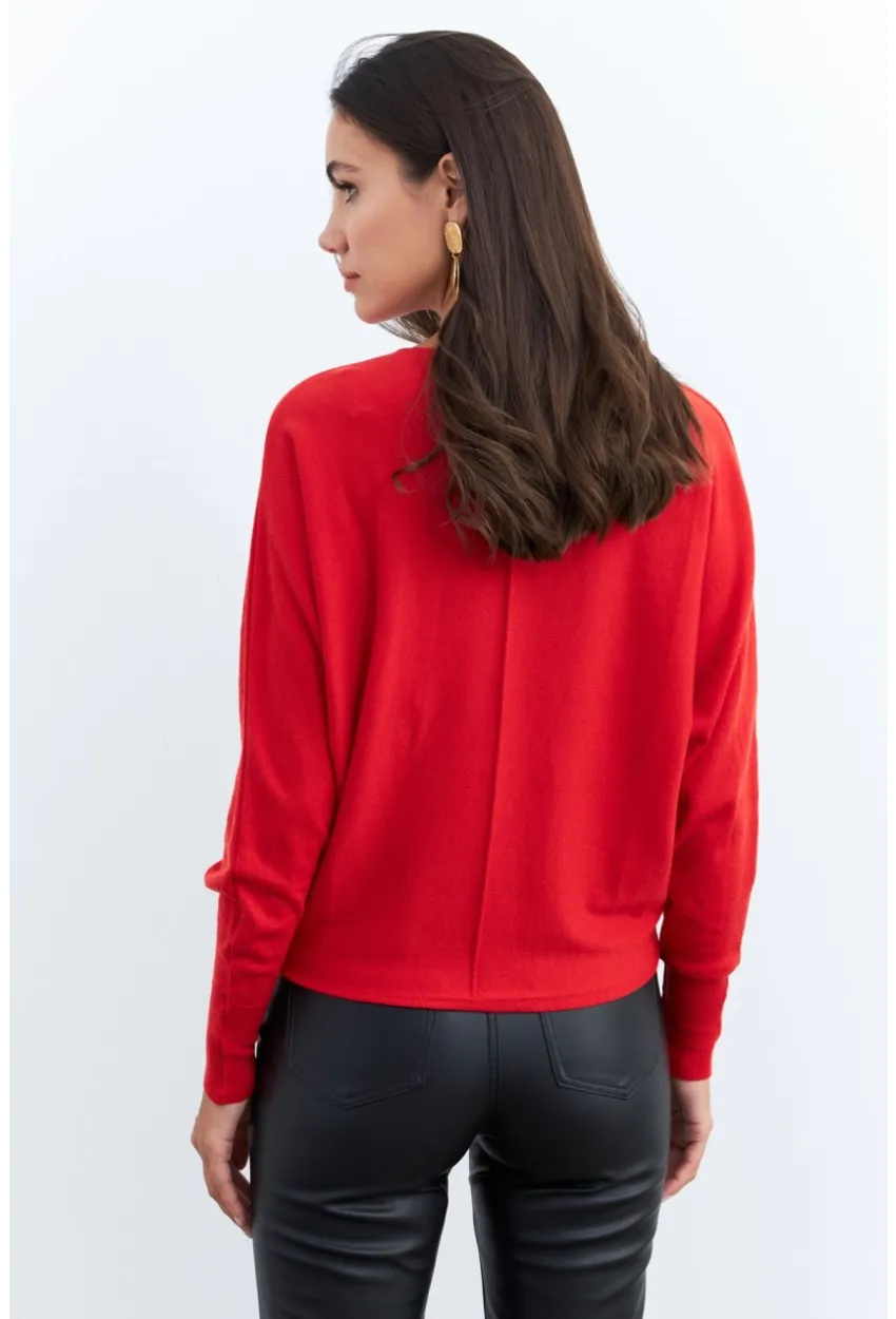 Kadın Kırmızı Yarasa Kol Kazak YİL558